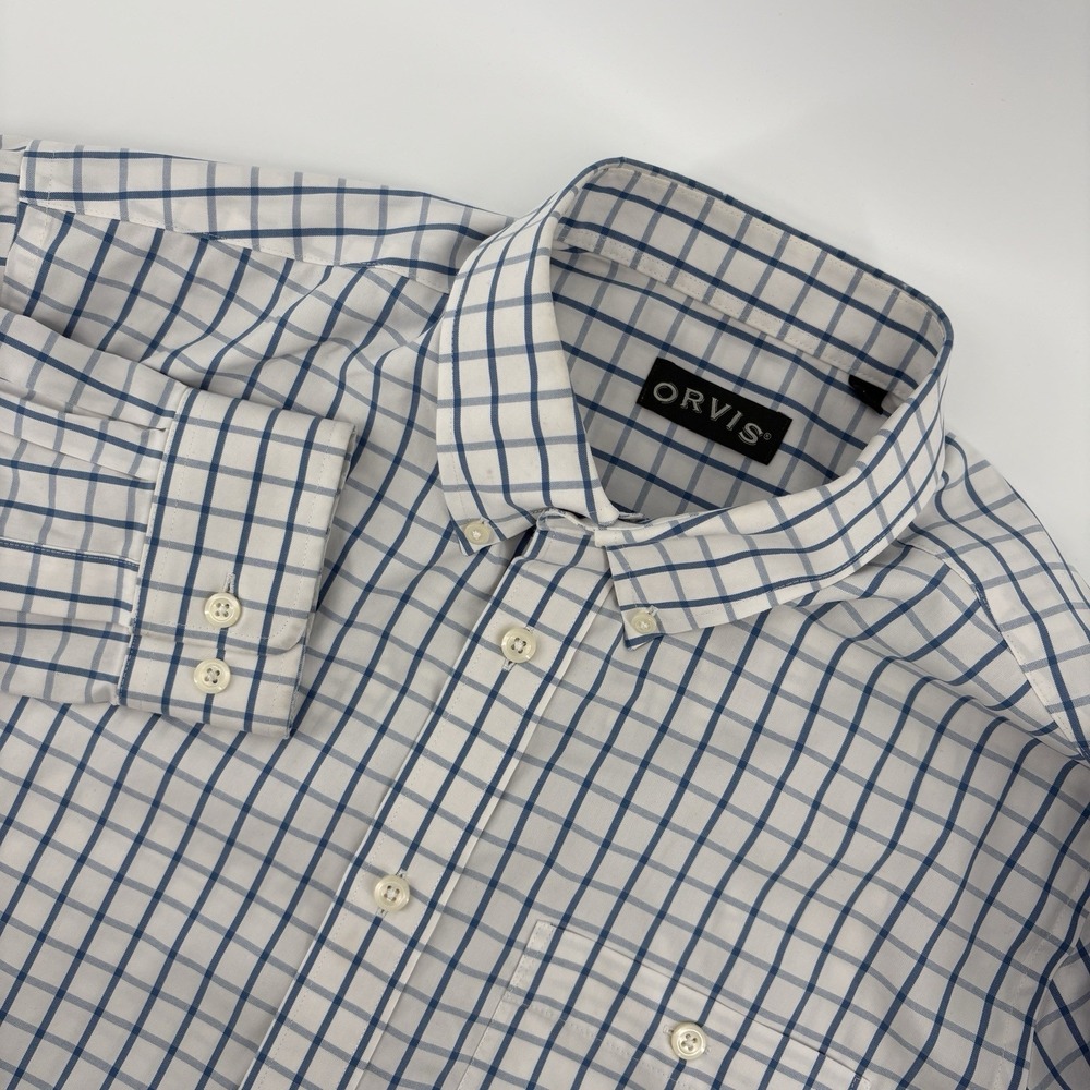 Orvis Shirt Men's Large White Blue Checked Long Sleeve Button Up Collared Pocket